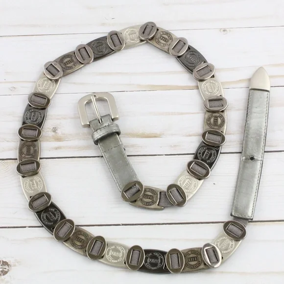Vintage Suzie Roher life the great naturalist metal plate stretch statement belt Suzi Roher Statement Belt Large Brass Circle Clasp Elastic  main image 2
